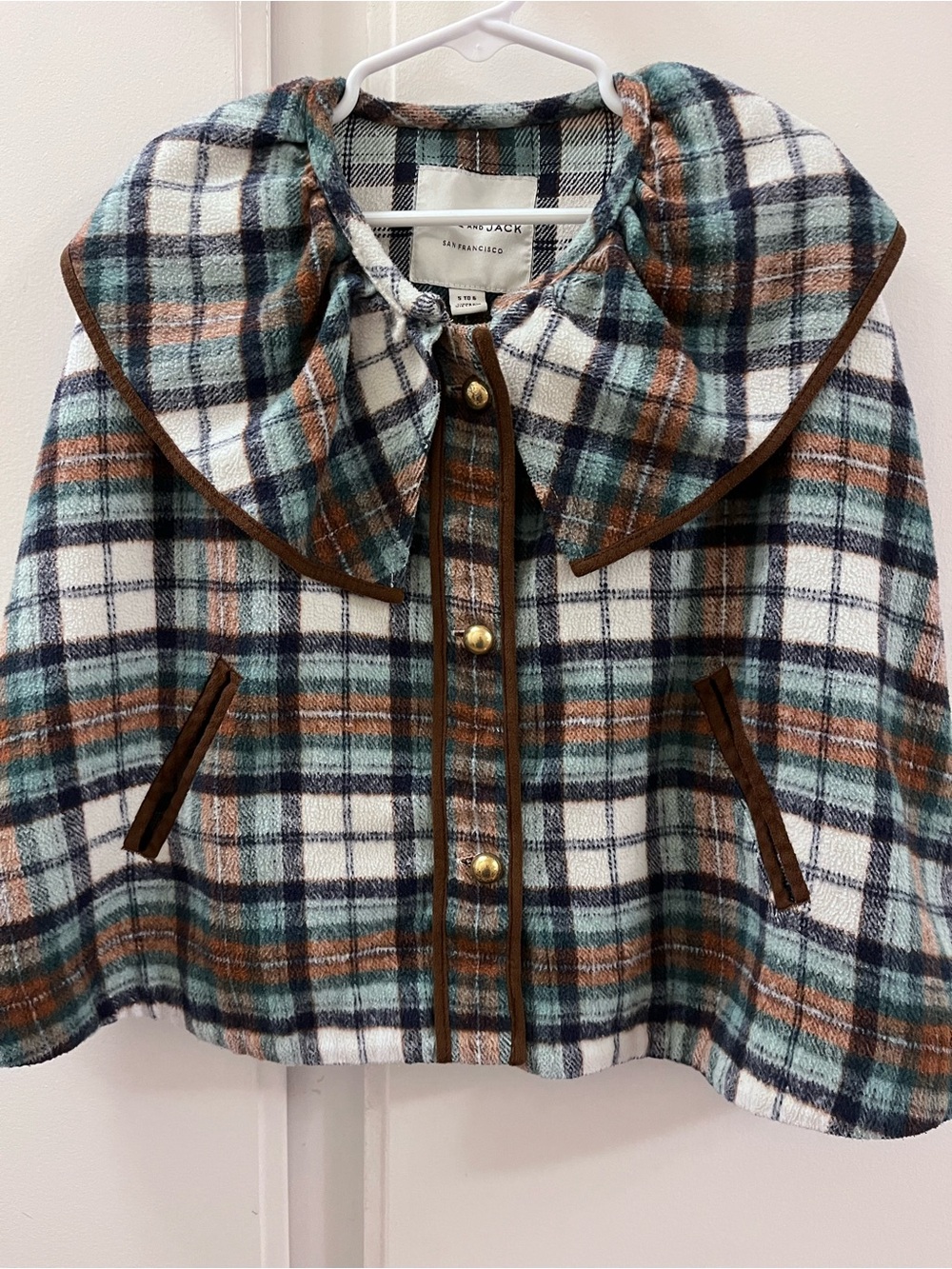Janie and Jack Plaid Peter Pan Collar Cape - Green/Brown/White - Size 5-6